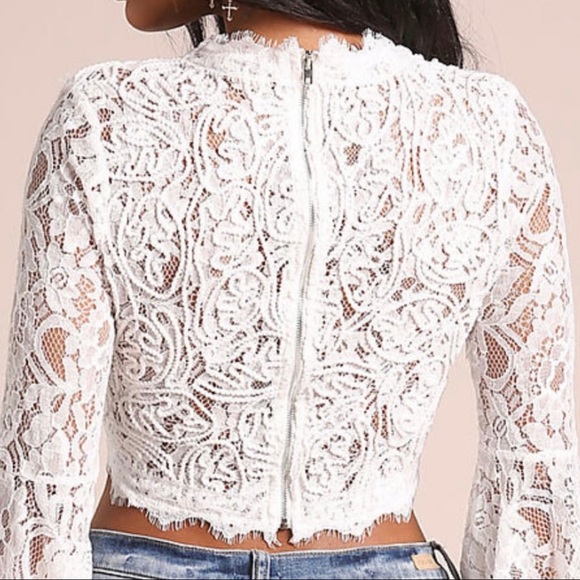 Lovesong Cropped Fitted Lace Bell Sleeve Bohemian Boho Ivory Blouse Top S - Picture 2 of 7